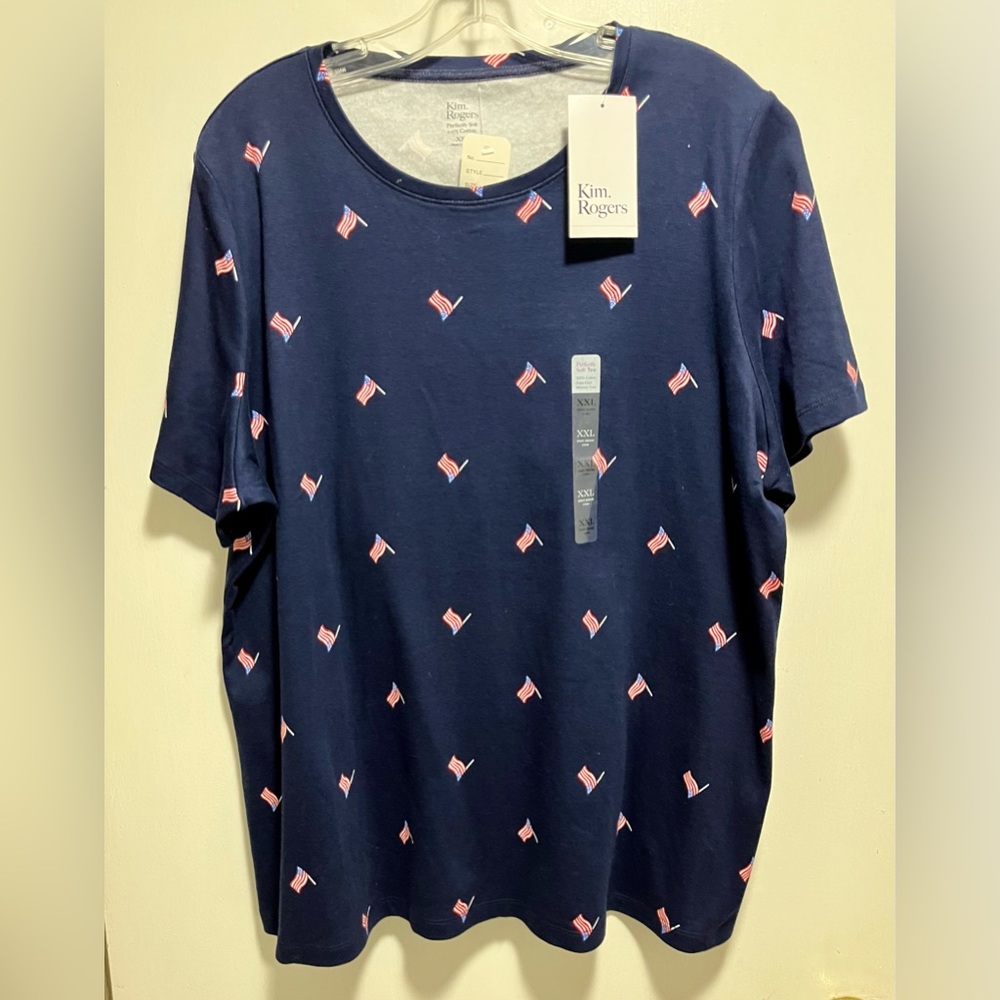 Kim Rogers 2xl XXL 100% Cotton Perfect Soft Flag Tee Top Wrinkle Free Navy NWT